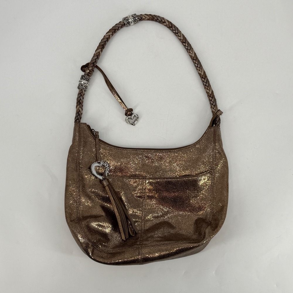 Brighton Metallic Bronze Leather Hobo Shoulder Bag Braided Strap Heart Tassel